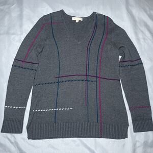 Etcetera Geometric Lines Sweater Size S 90s Gray Cotton Cashmere Blend Oversized